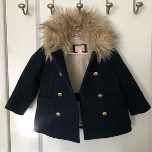 Girls J Crew Chateau Navy Wool Coat with faux fur